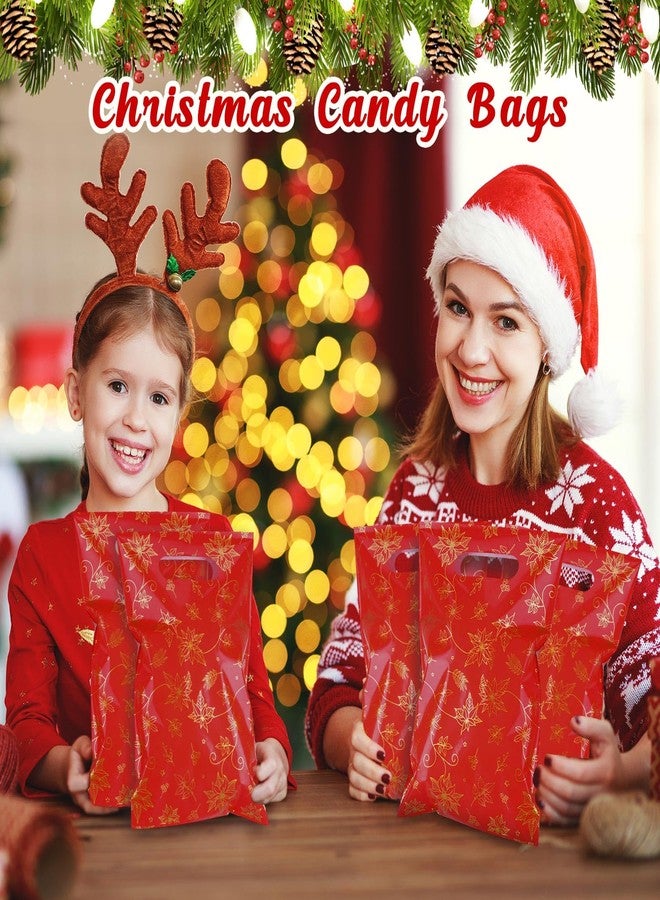 Capoda 100 Pcs Christmas Bags 10 x 7 Inch Xmas Poinsettia Treat Party Favor Candy Goodie Gift Plastic Handle Bags Bulk with Gold Floral for Merry Christmas Party Favor Supplies(Red) - Image 4